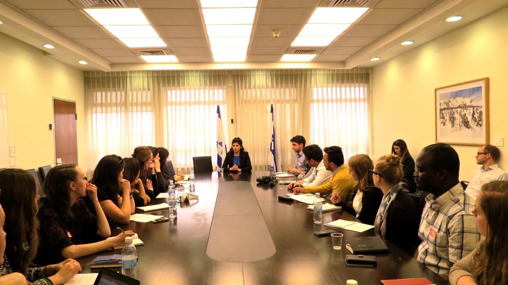 Students attend a lecture at the Knesset (Israeli Parliament) with Minister of the Knesset Sharren Haskel of the Likud Party.