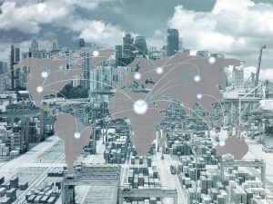 mport, Export, Logistics concept - Map global partner connection of Container Cargo freight ship with Singapore harbor with Singapore city for Logistic Import Export background (Elements of this image furnished by NASA)