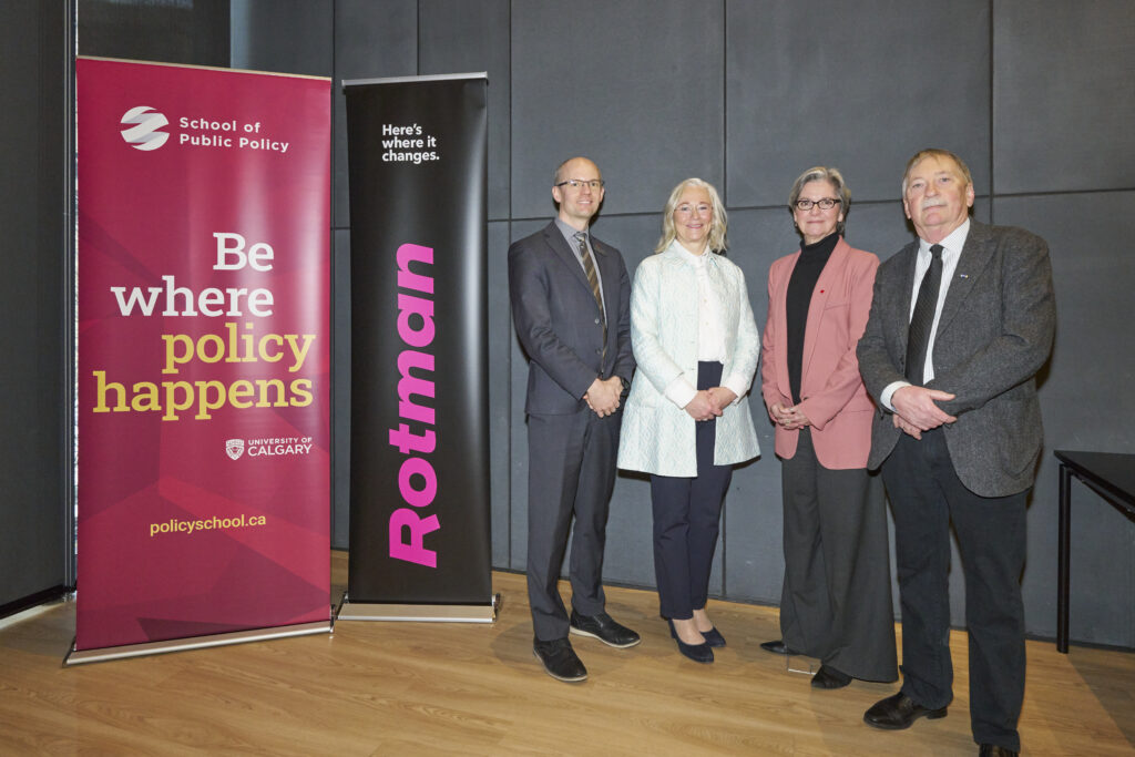 Trevor Tombe, Director, Economic and Fiscal Policy, School of Public Policy; Susan Christoffersen, Dean, Rotman School of Management.; Martha Hall Findlay, Director, School of Public Policy, University of Calgary; Ted Hewitt, President, Social Sciences and Humanities Research Council of Canada (SSHRC)